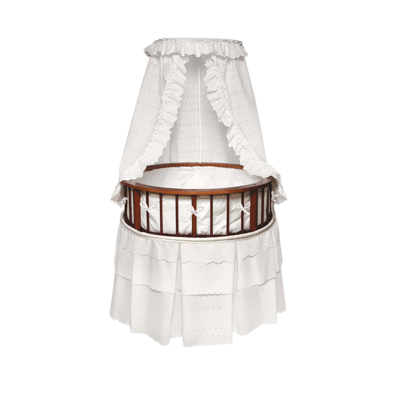 Badger Basket Co. Cherry Elegance Round Bassinet With White Eyelet Bedding